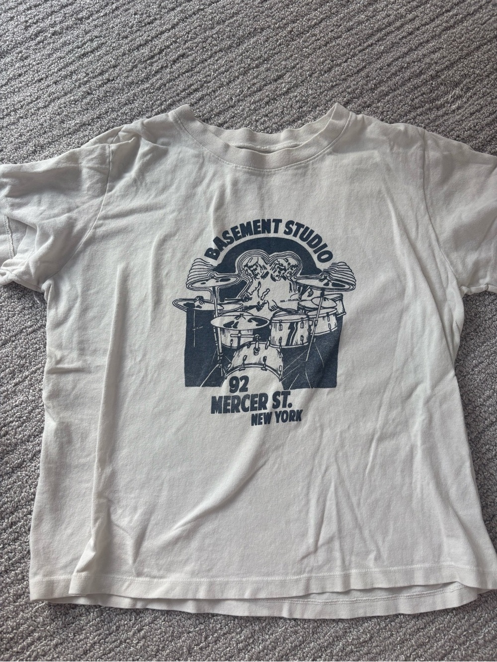 Brandy Melville White Graphic Tee with Navy Drum Design